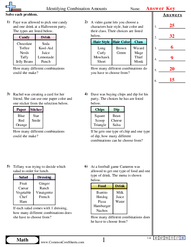  - Identifying Combination Amounts worksheet
